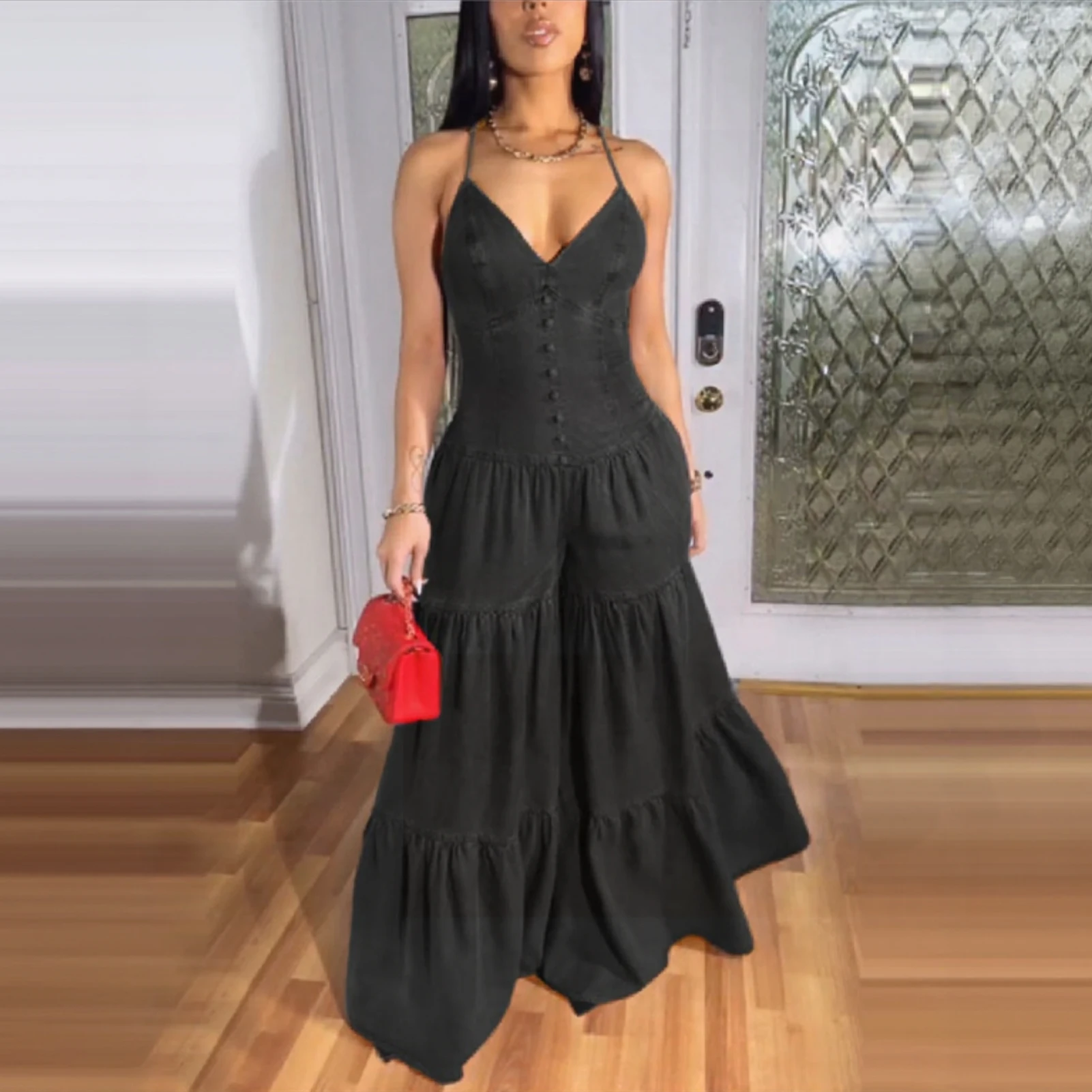 Combinaisons élégantes pour femmes, nouvelle collection printemps 2021, unie, élégante, bureau, ample, froncée, épaules dénudées, ourlet, jambes larges, salopette