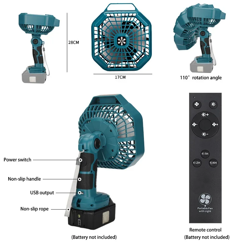 ZWINCKY Horizontal Portable Fan with Light for Makita Multifunction Remote Fan 14.4V/18V Lithium Battery Workshop light Fan