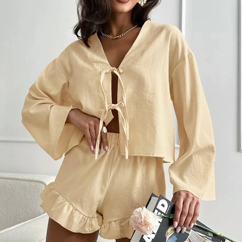 2024 New Pure Cotton Long-sleeved Ruffled Shorts Pajamas For Women With Loose Laces Comfortable And Skin-friendly Home Clothes