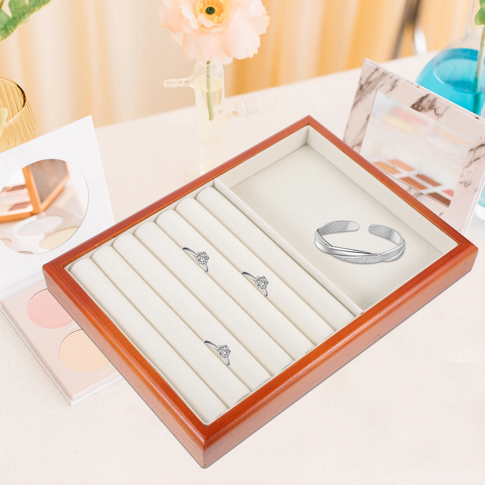 

Jewelry ganizer Tray Ring Display Plate for Bracelet Earrings Storage Home Exhibition Wood Lint Material Practical Portable