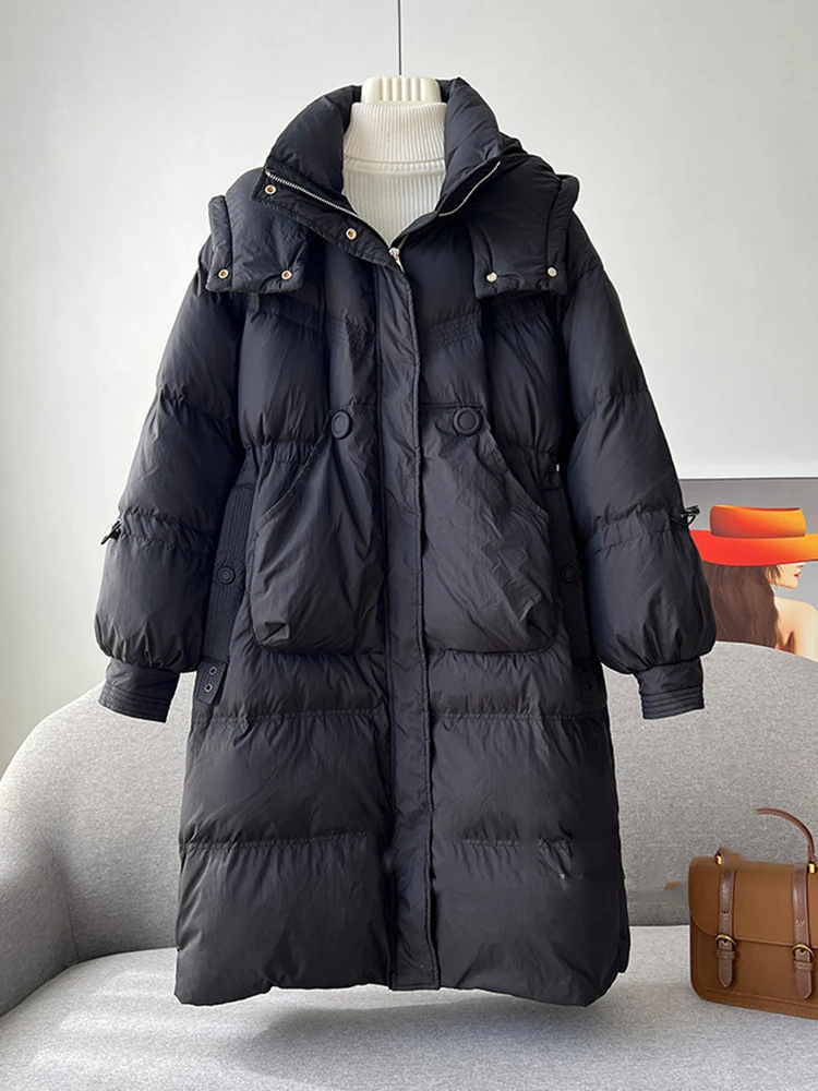 الشتاء مقنعين طويلة الصلبة أسفل سترة المرأة الأبيض بطة أسفل باركر طول الركبة السترات الإناث جيب كبير الدافئة الرباط أبلى