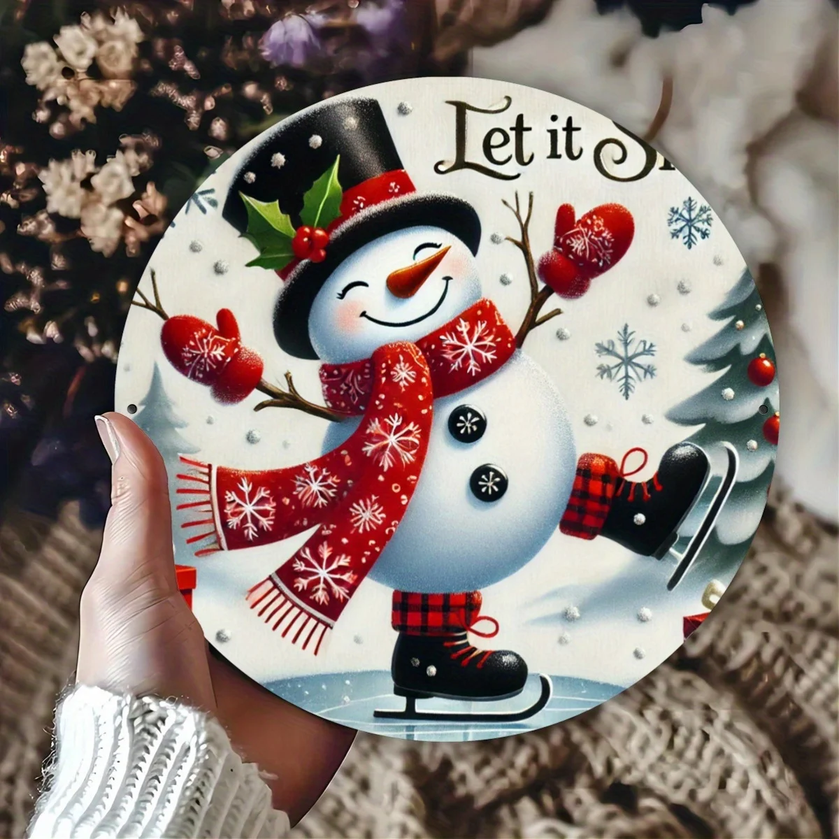 2D A Piece, Ice Skating Snowman Celebrating Christmas Pattern Design, Flat Printed Metal Signs, Circular Iron Hanging Pictures,