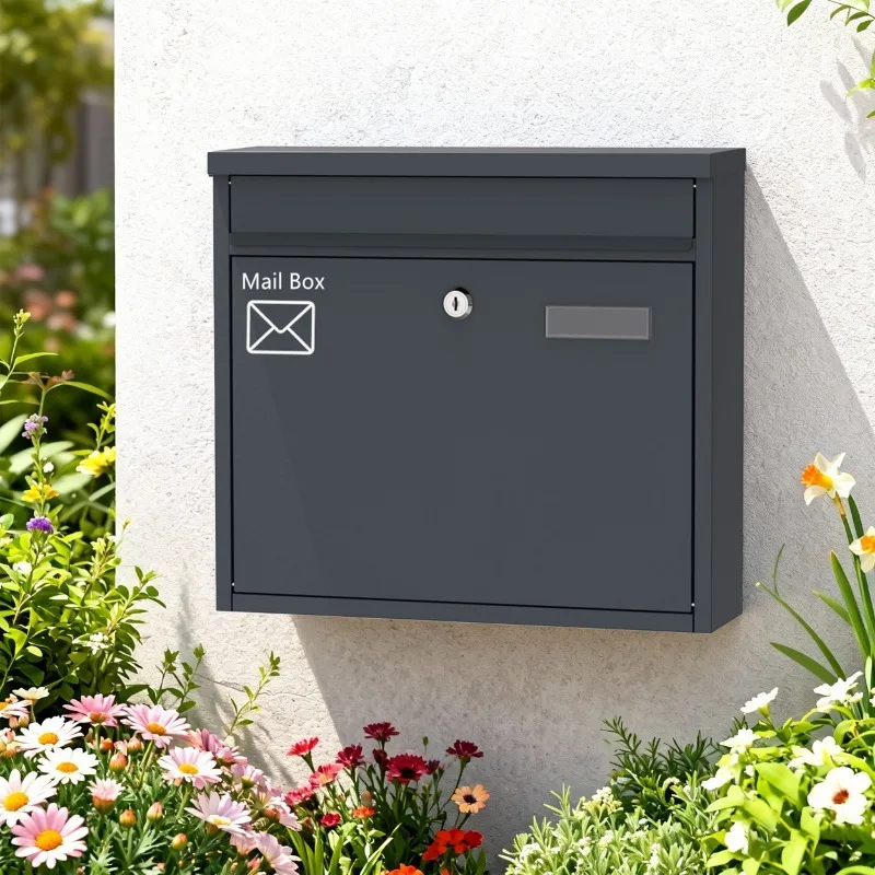 Dark Grey Wall Mounted Metal Mailbox With Key Lock Waterproof Letter Box With Name Plate Slot For Home Outdoor