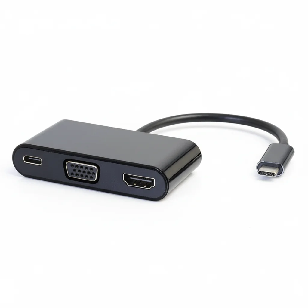 C2G 757120268840 محول USB C إلى HDMI وVGA متعدد المنافذ مع توصيل الطاقة - أسود - 1 × Type C ذكر USB - 1 x - مستعمل مثل جديد