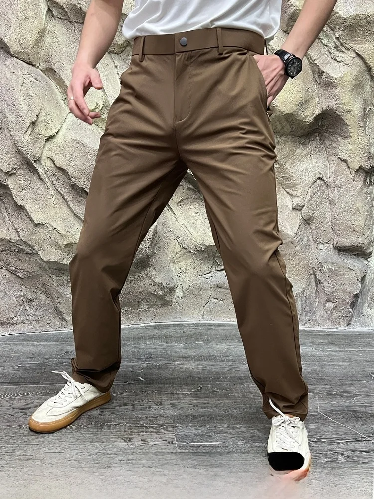 

Высокоэластичные повседневные брюки для мужчин, летние деловые брюки для поездок на работу, против морщин, драпировка, прямые брюки на молнии, украшение, молодежный Sle