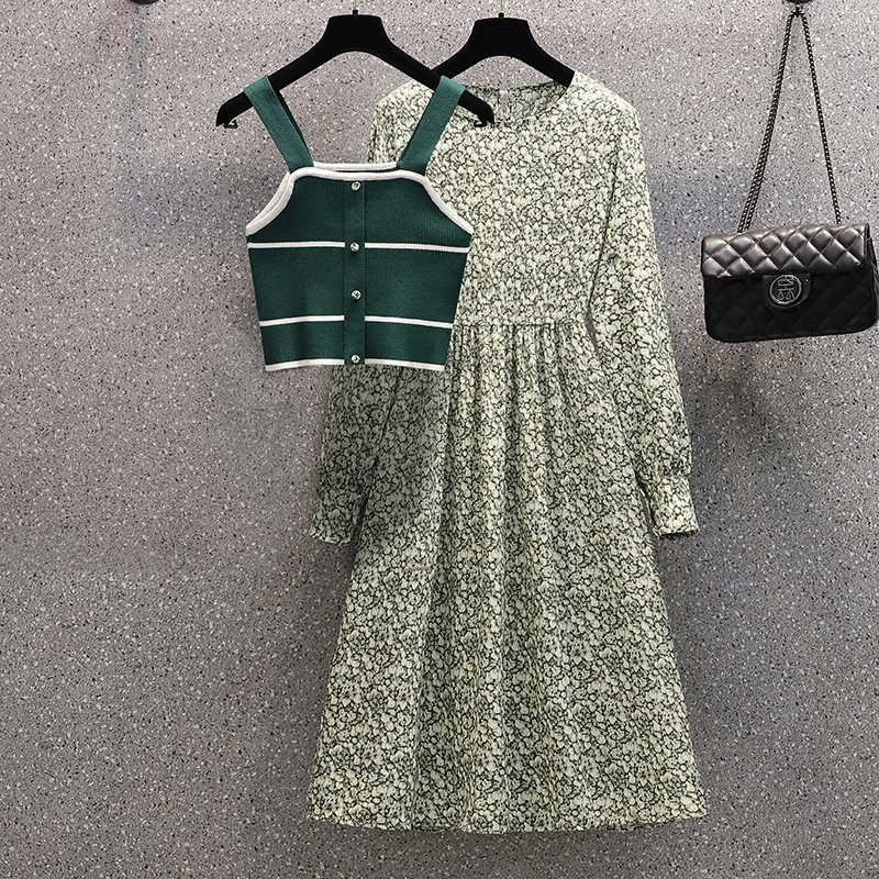 Conjunto de dos piezas para mujer, vestido de gasa de manga larga y camisola negra con estampado Floral, elegante e informal, a la moda, novedad de otoño, 2024