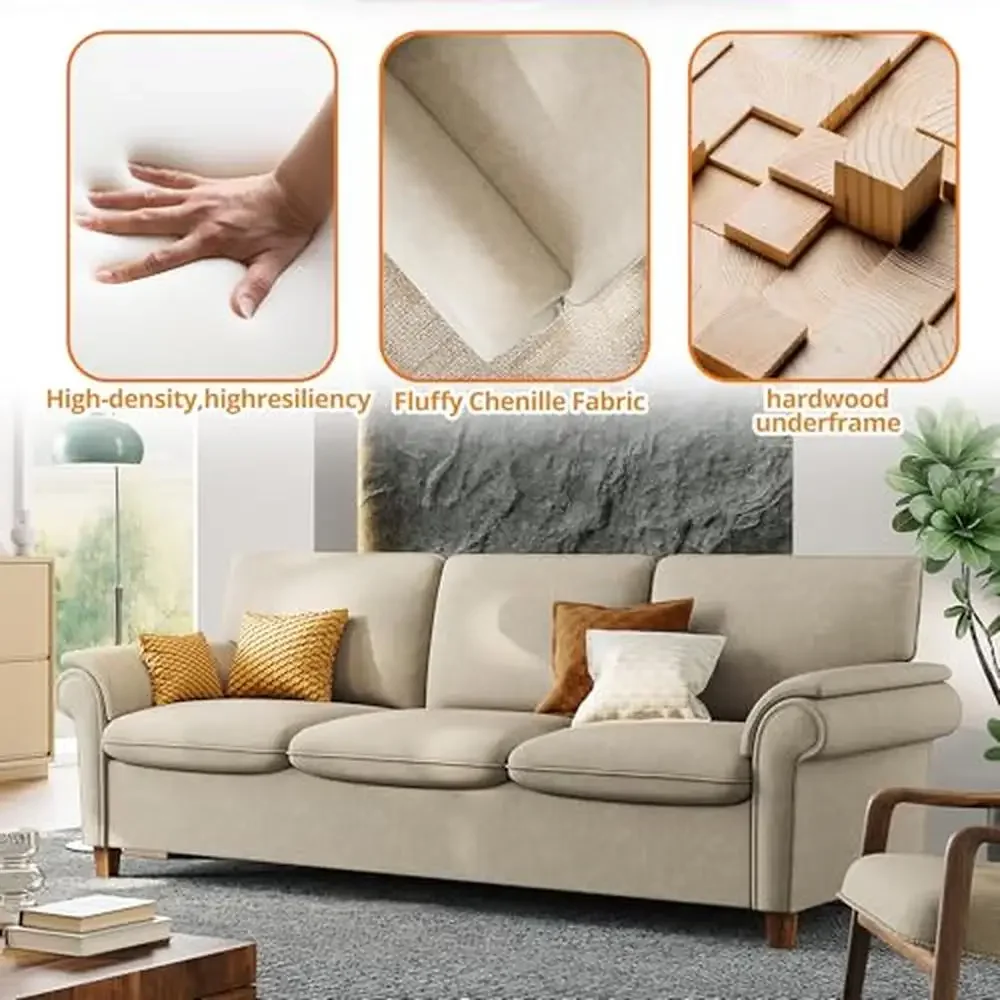Sofá moderno bege de 89 polegadas, porta USB, sofá de 3 lugares, móveis para sala de estar