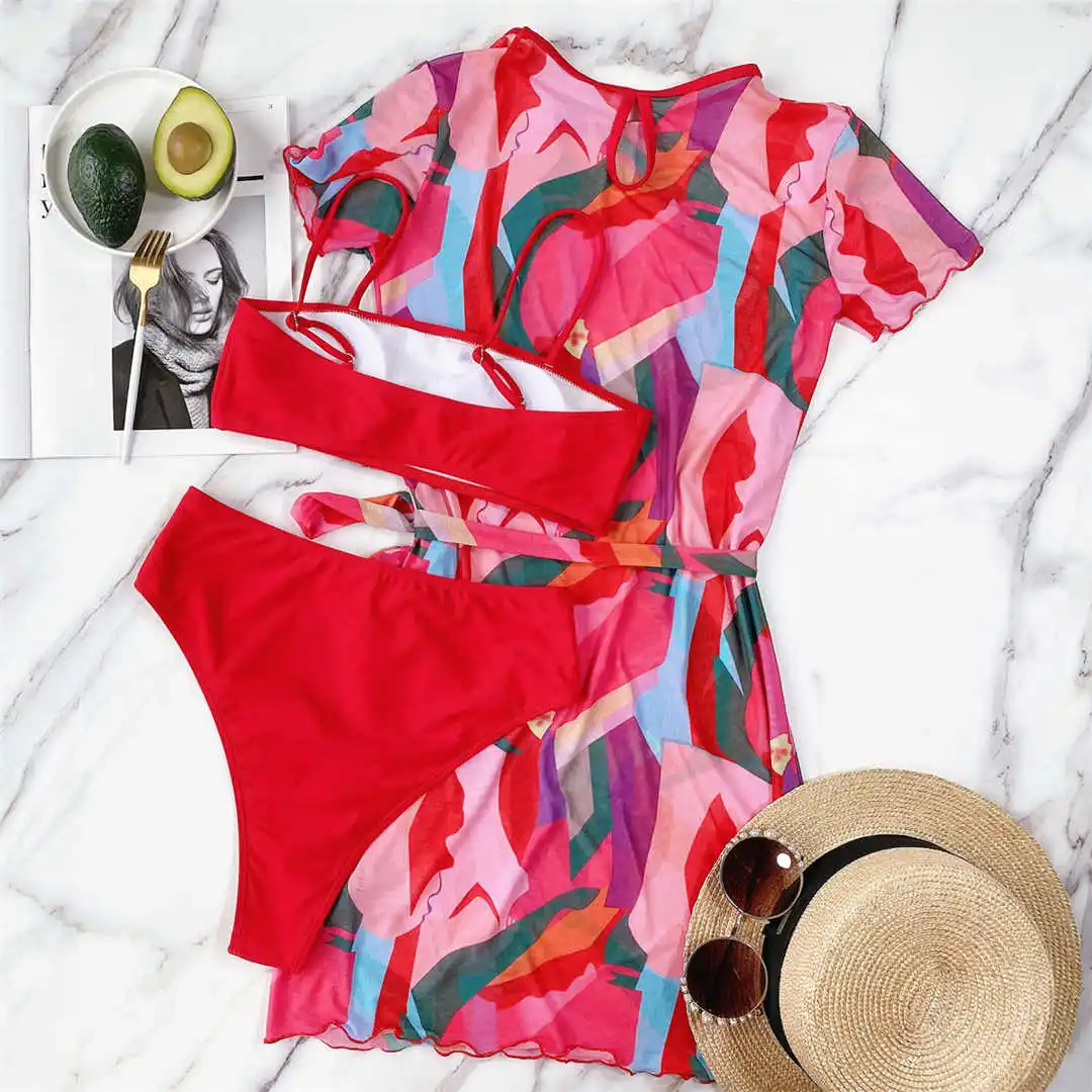 Sexy bedruckter Bikini mit hoher Taille, Damen-Badebekleidung, dreiteiliges Bikini-Set mit Kleid, Badeanzug, Badebekleidung, Schwimmbekleidung V2808 – Detail 13