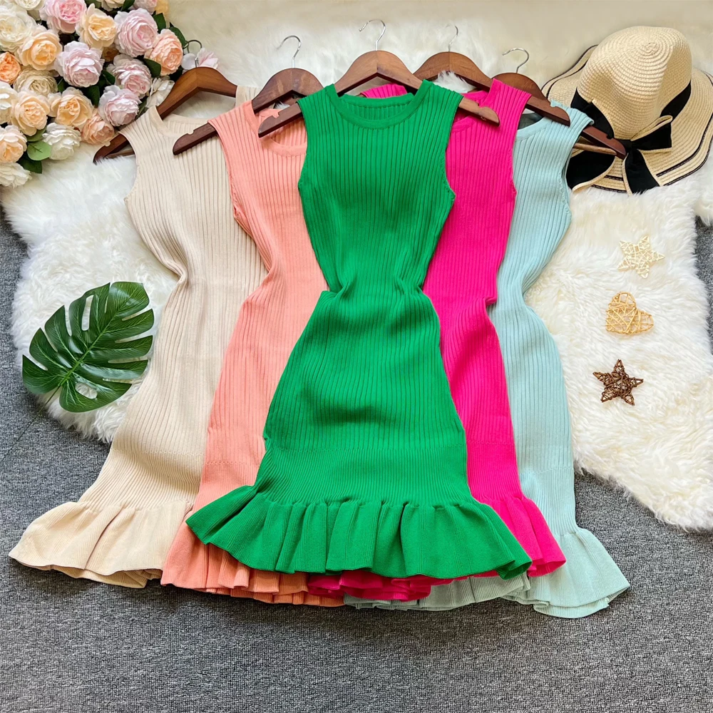 YuooMuoo Chic Fashion Sexy Package Hips Ruffled Mini Dress Women Summer Slim Elastic Knitted Party Dress Streetwear Lady Outfits