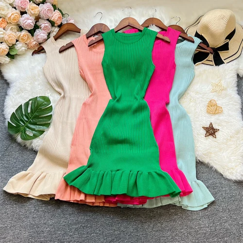 YuooMuoo elegante moda Sexy paquete caderas con volantes Mini vestido de mujer verano ajustado elástico vestido de fiesta de punto ropa de calle trajes de mujer