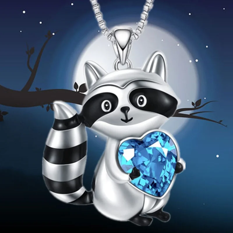 Fashion Lovely Raccoon Necklace Animal Raccoon Jewelry Blue Crystal Love Pendant Necklaces for Women Birthday Anniversary Gift