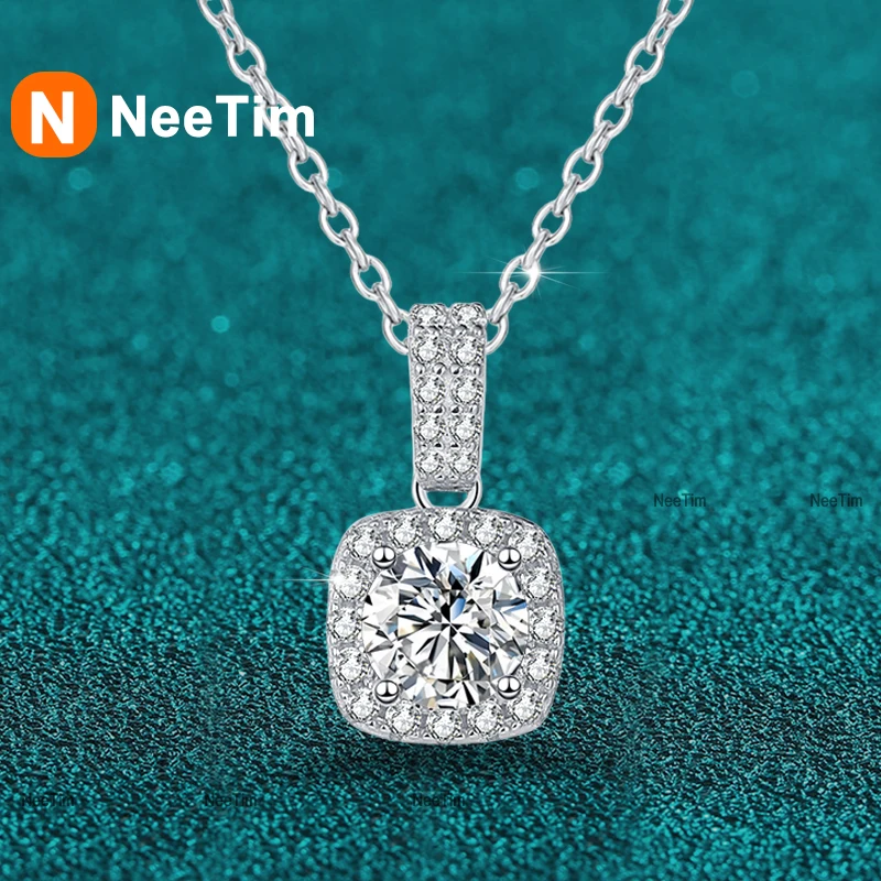 

NeeTim 1ct 2ct Moissanite Pendant Necklace S925 Sterling Silver Sparkling Lab Diamond Chain for Women Engagement Fine Jewelry