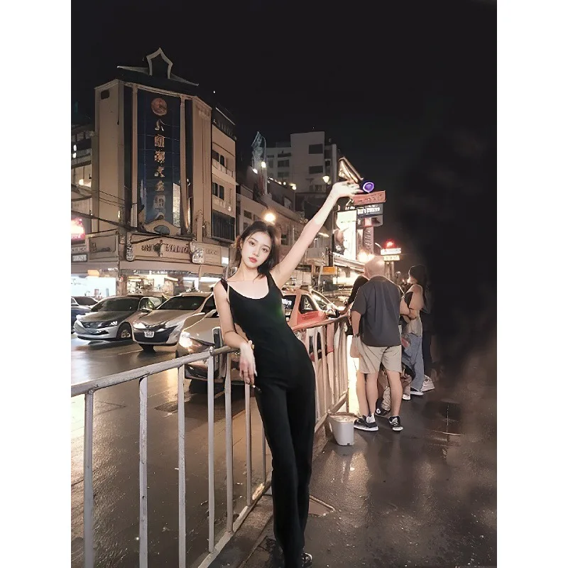 Combinaison noire élastique en forme de U pour femmes, col sans manches, bretelles, dos nu, pantalons longs décontractés, nouvelle collection printemps et été