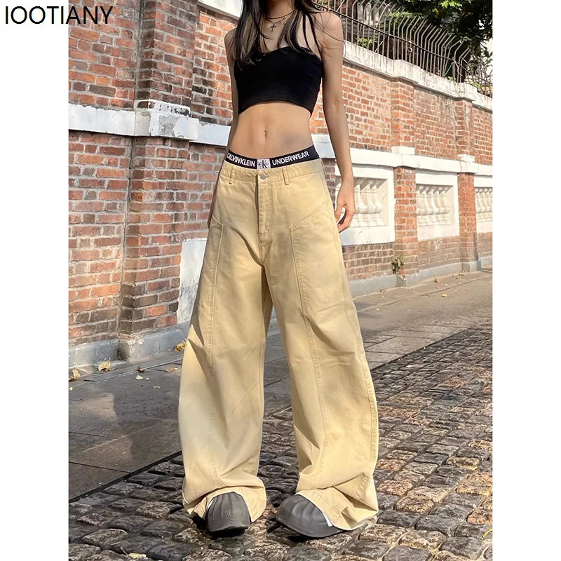 Women's Khaki Y2k Baggy Jeans Harajuku Aesthetic Japanese 2000s Style Denim Trousers American Vintage Jean Pants Trashy Clothes