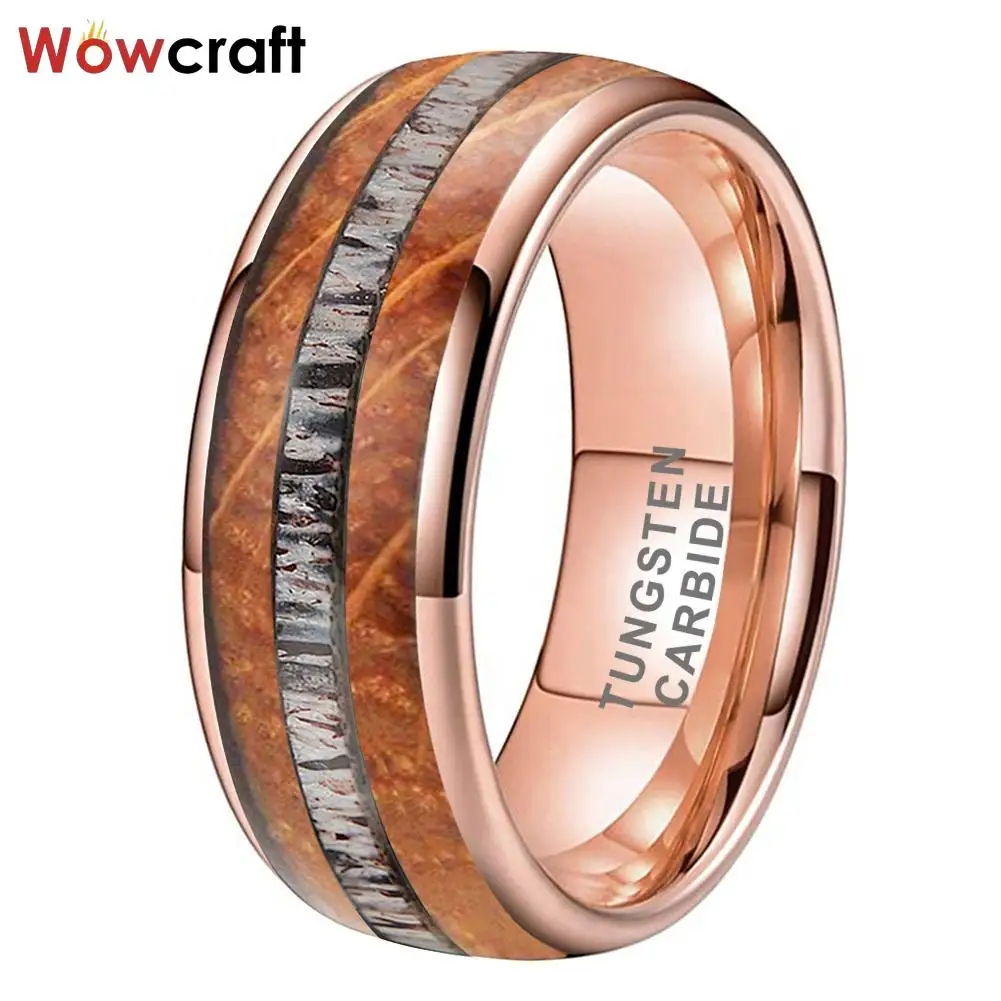 

Wholesale Domed Whisky Wood Deer Antler Inlay Fashion Engagement Wedding Band Tungsten Ring for Men Women