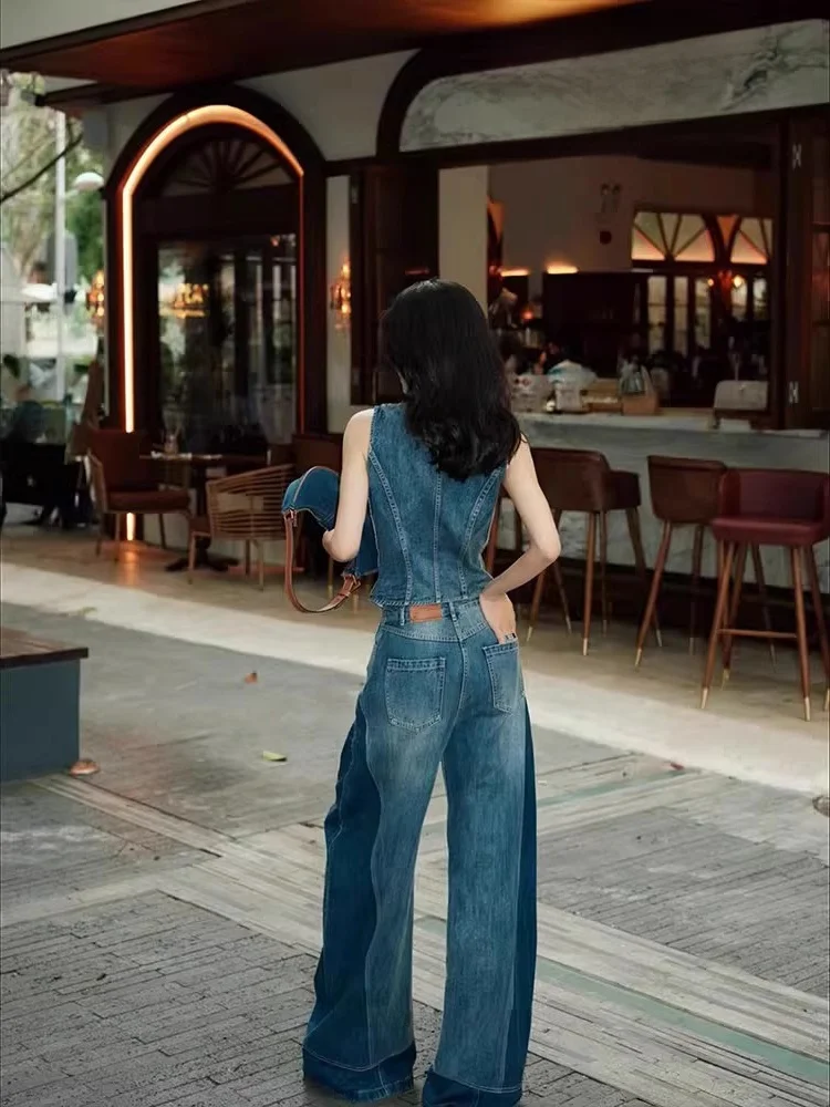 Seksowny zestaw: dżinsowa kamizelka i spodnie jeansowe damskie, letni, nowy, w stylu amerykańskim retro, obcisły top, dziurawe spodnie jeansowe, modny strój.