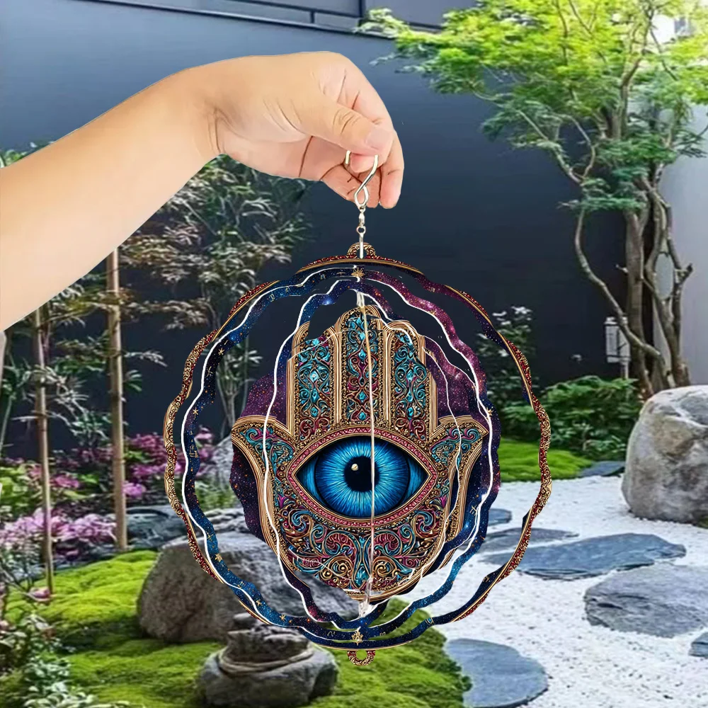 A Windmill Hanging Ornament with a Palm Eye Wind Chime Features a Rotating And Folding Design Made of Metal, Creating a Strong