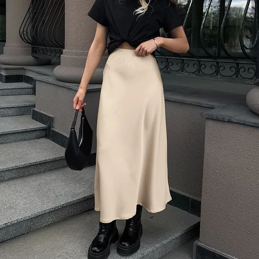 

New Spring and Summer Retro Style Acetate Satin Khaki High-waisted Versatile Half Skirt European and American Elegant Long Dress