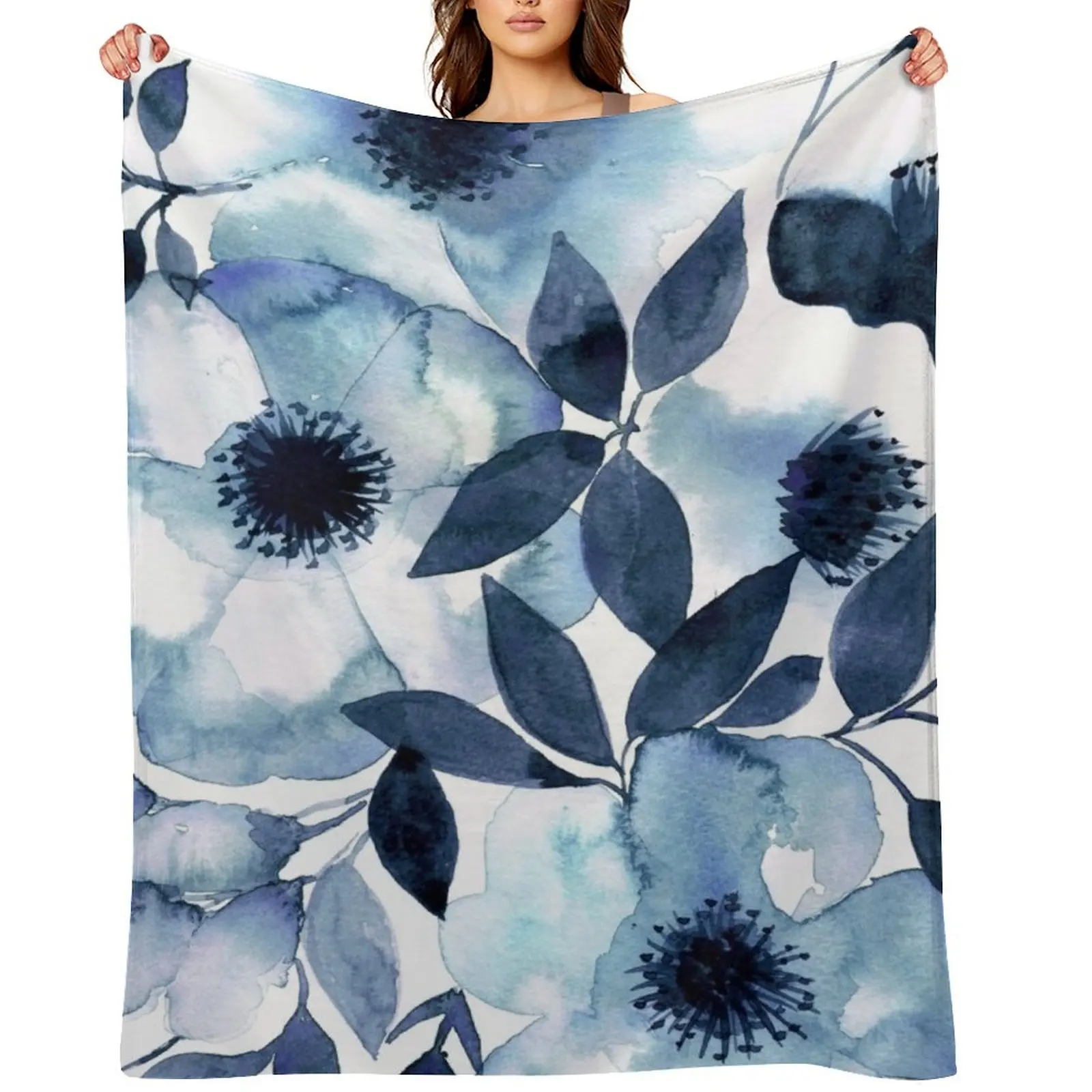 

Hamptons style navy blue watercolour floral painting Throw Blanket for babies Luxury Designer For Baby Cute Blankets