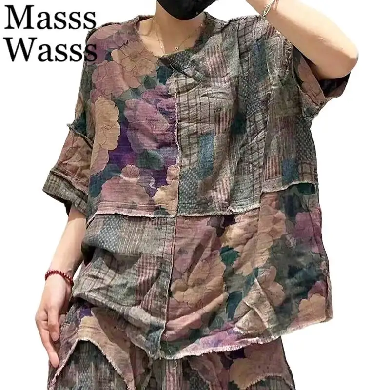 Masss Wasss Summer Vintage Classic T-Shirts Ladies 2026 Fashion Loose Floral Tops Womens Korean Leisure Patchwork Luxury Clothes
