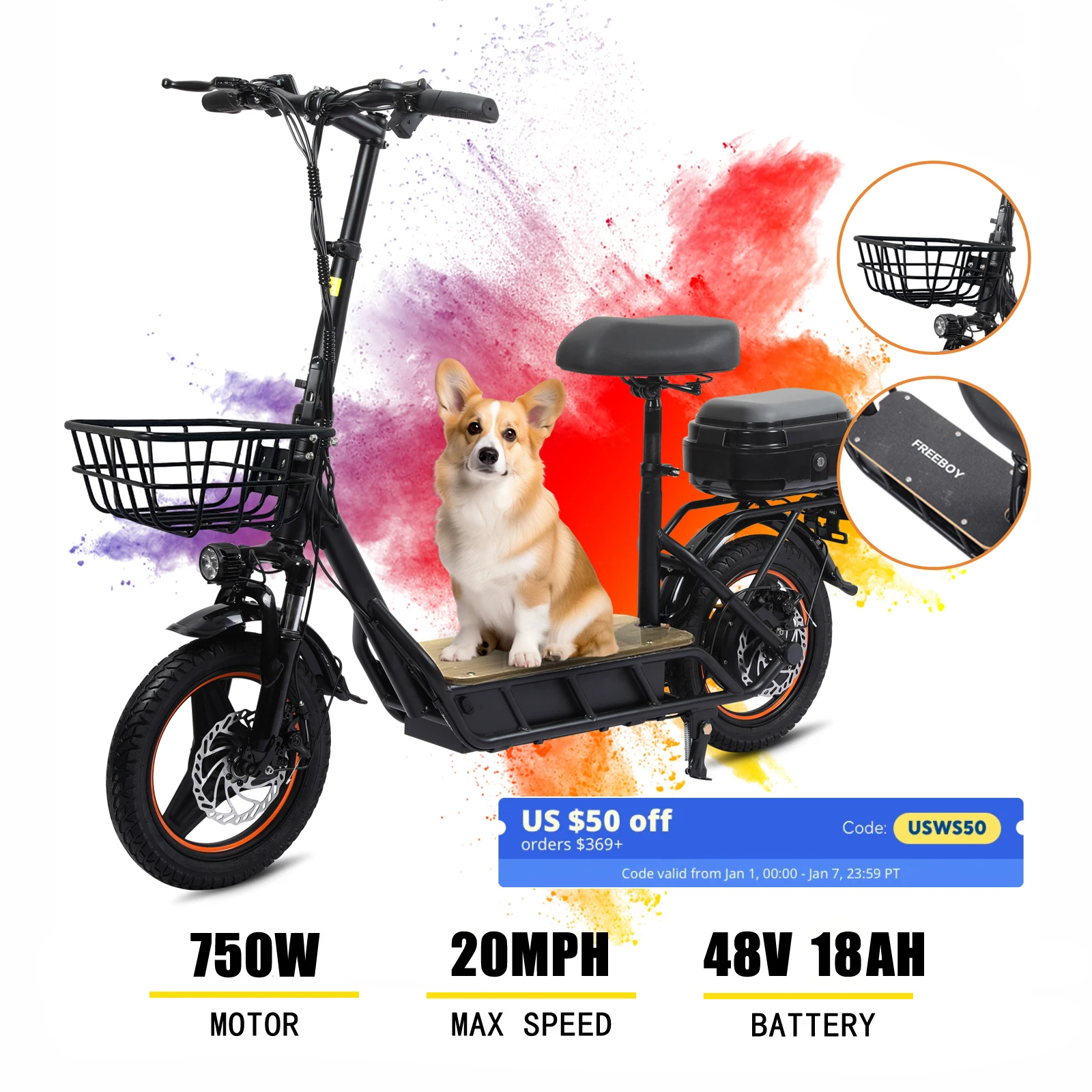 Electric Scooter with Seat for Adults, 750W Motor Power, 48V 18Ah Battery, Load 330Lbs, Commuter Scooter with Storage Box