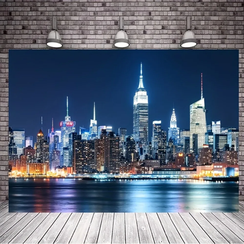 Manhattan Night view Skyscrapers City lights Skyline Background Travel Family Party Party supplies decoration