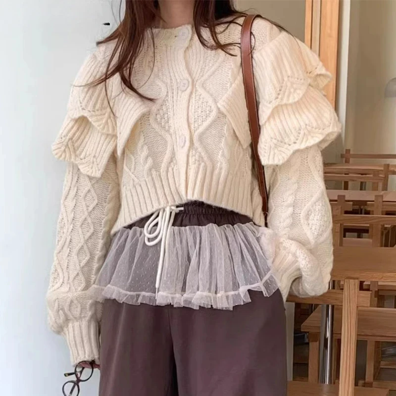 Nomikuma Korean Chic Autumn Winter Retro Fried Dough Twists Design Versatile Patchwork Ruffle Sweater Coat for Women