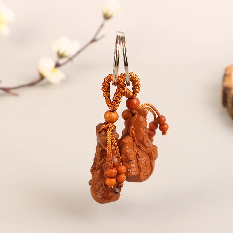 Peach Wood Keychain Guanyin Buddha Gourd Teapot Pixiu Dragon Three-dimensional Keychain