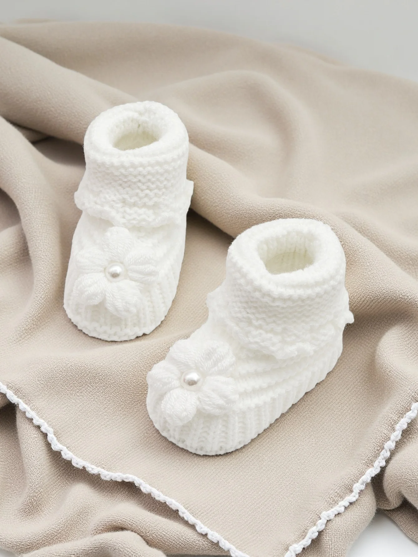 

1 Pair Handmade Baby Booties, White Knit Crochet Infant Slippers with Pearl Button Detail, Soft Winter Indoor Footwear