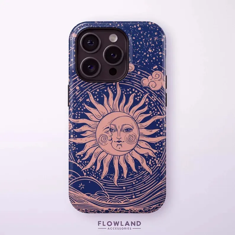

Luxury Retro Sun Moon Pattern Design Phone Case for iPhone 17 16 15 14 13 12 11 Air Pro Max Plus Luxury Double-layer Back Cover
