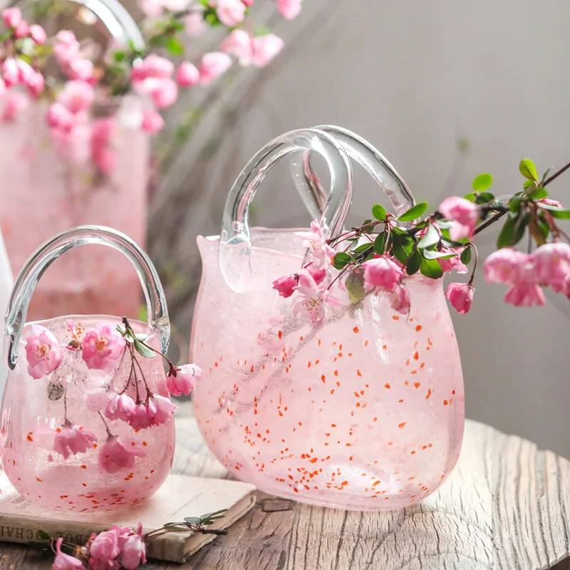 F27 Ins Glass Vase, Bucket-Shaped Flower Vase, Pink Polka Dot Design, Creative Handbag Vase, Durable Home Décor