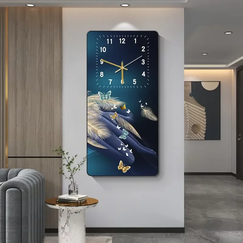 Printed Feather Butterfly Crystal Porcelain Wall Clock Home Dining Room Decoration Still Life Art Mural Painting Silent Bell