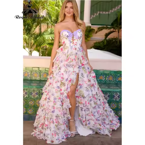 Pastel Floral Print Strapless Bow Prom Dresses 2026 Luxury Ruffle High Slit Evening Dress شارون سعيد Customized