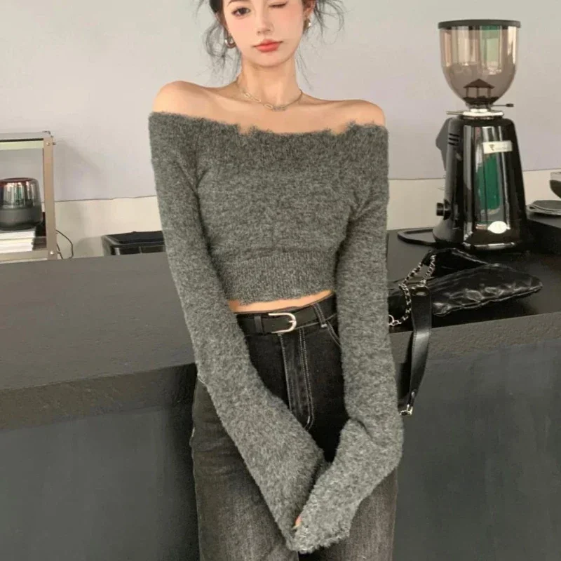 Slash Neck Pullovers Women Cropped Waistless Sexy Long-sleeve Hotsweet Autumn Winter Knitting Cozy Furry Chic Clubwear Sweaters