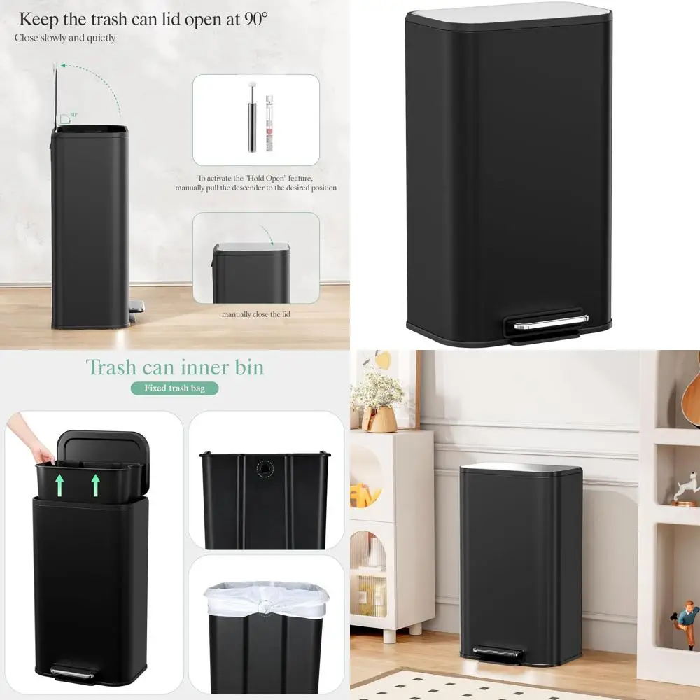 

8 Gallon Step-On Trash Can with Soft-Close Lid, Square Waste Bin with Removable Bucket and Handle, Stainless Steel, Black