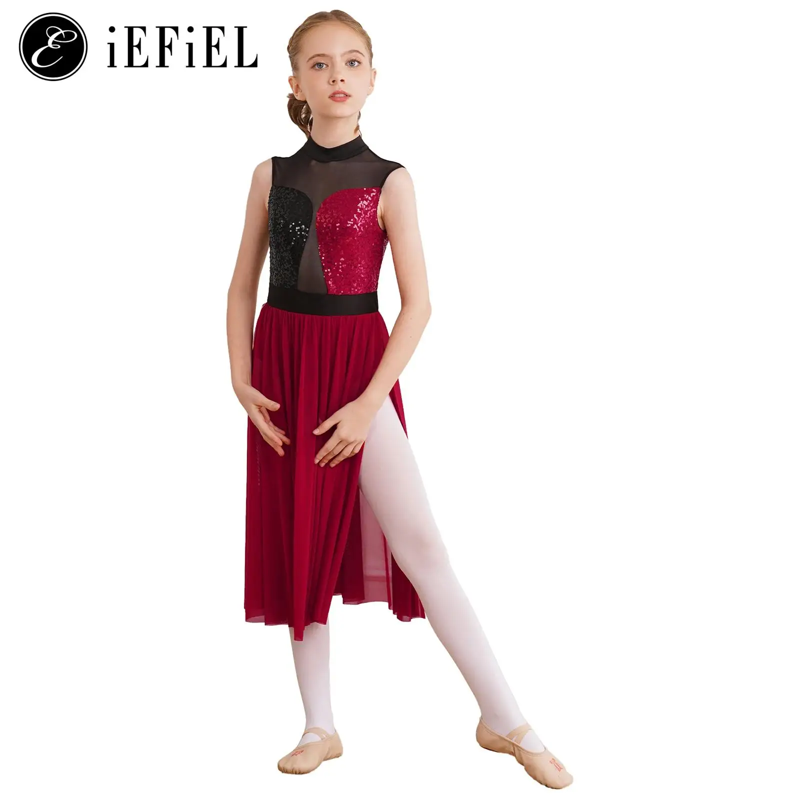 Kids Girls Lyrical Dance Costume Mock Sequins Top Leotard Split Maxi Dress Ballet Jazz Modern Contemporary Praise Dancewear