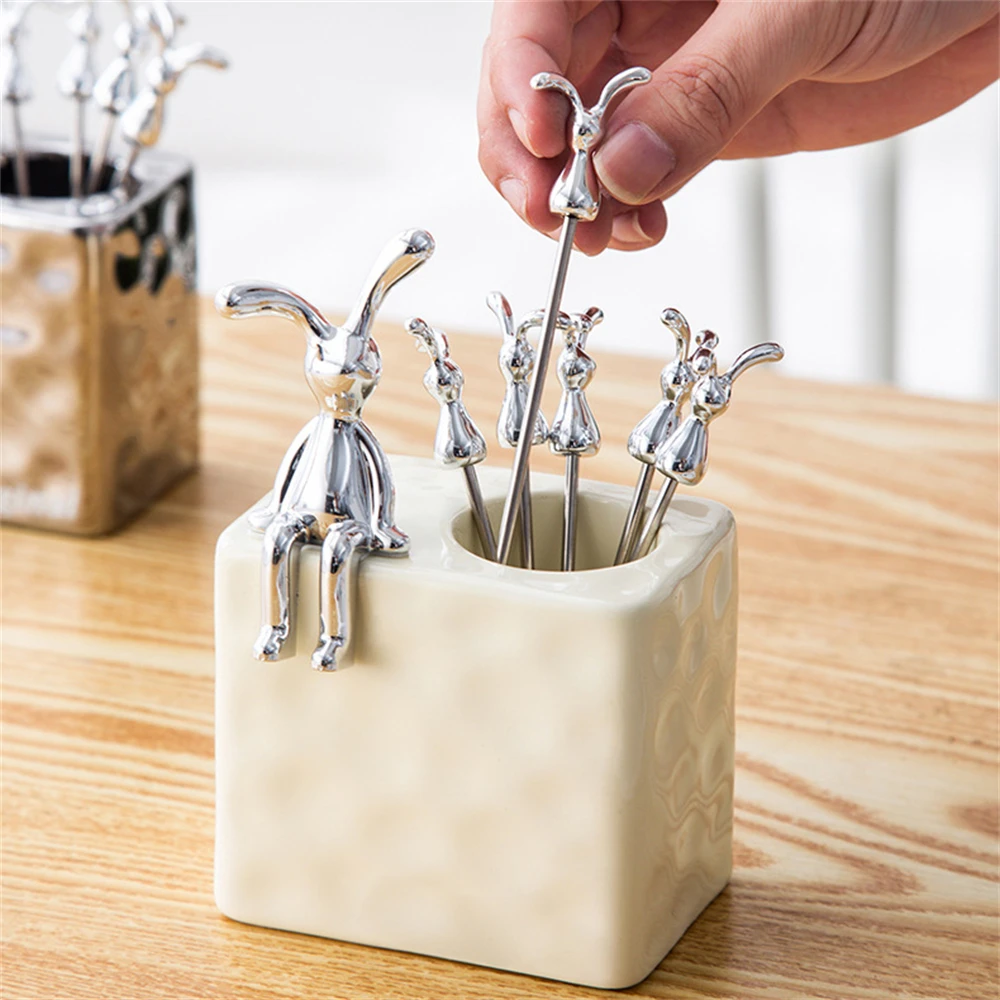 Stainless Steel Rabbit Fruit Fork Fruit Stick Ceramic Organizer Cake Dessert Fork Set Decorative Tableware Dinnerware Set