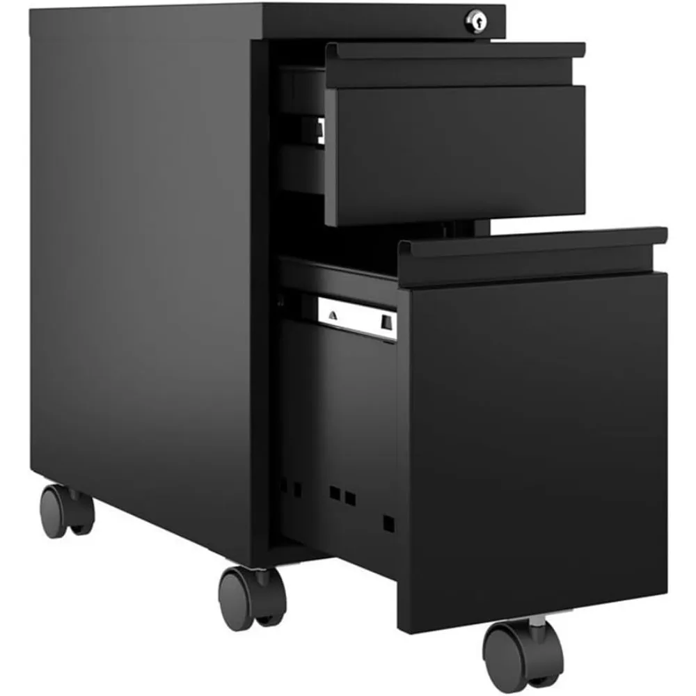 خزانة ملفات بقاعدة معدنية حديثة متنقلة بدرجين مع سحاب، أسود أنيق، حل تخزين المكتب