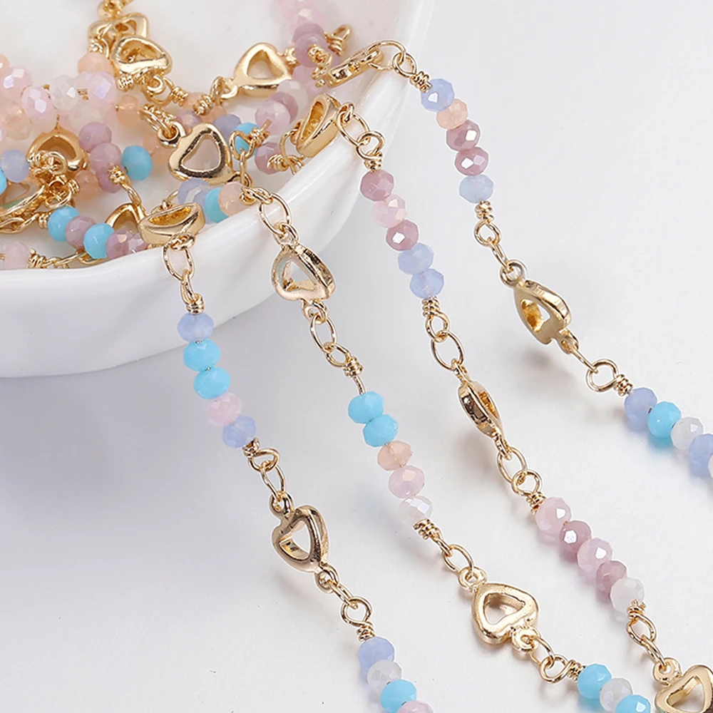 1meter Crystal Beads Chain KC Gold Color Love Heart Beaded Copper Chains for DIY Necklace Bracelet Jewelry Making Accessories
