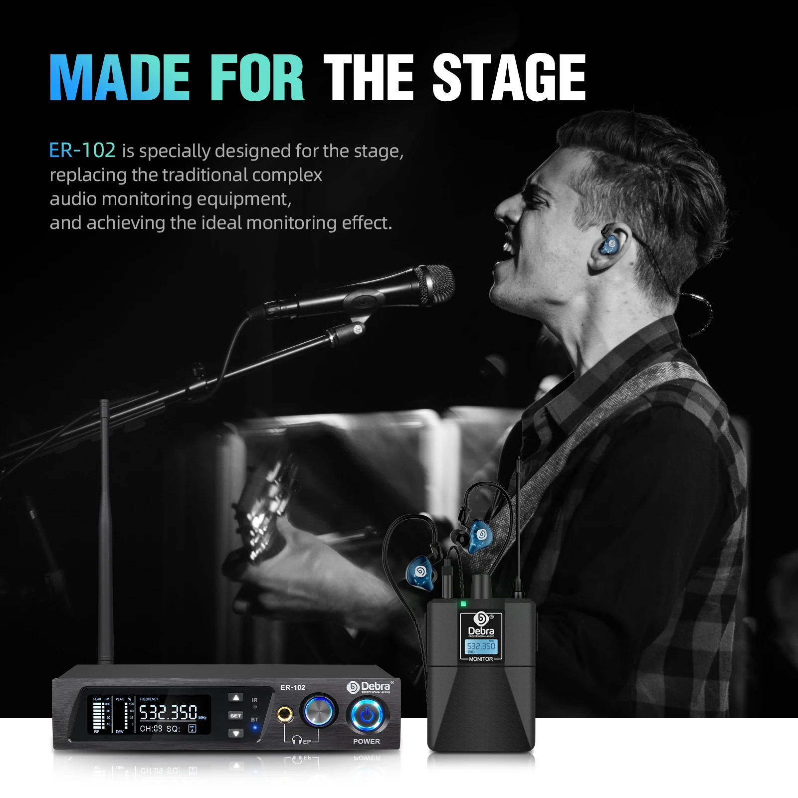 ER-102 Professional Grade Stage Wireless In-Ear Monitor System UHF with Bluetooth 5.0 for Stage, Band, Drummer, Small Concerts
