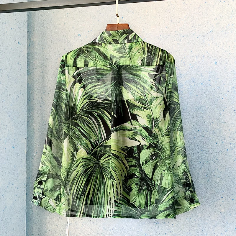 Spring Summer Europe Style Women's High Quality Leaf Print Loose Shirt Blouses C727