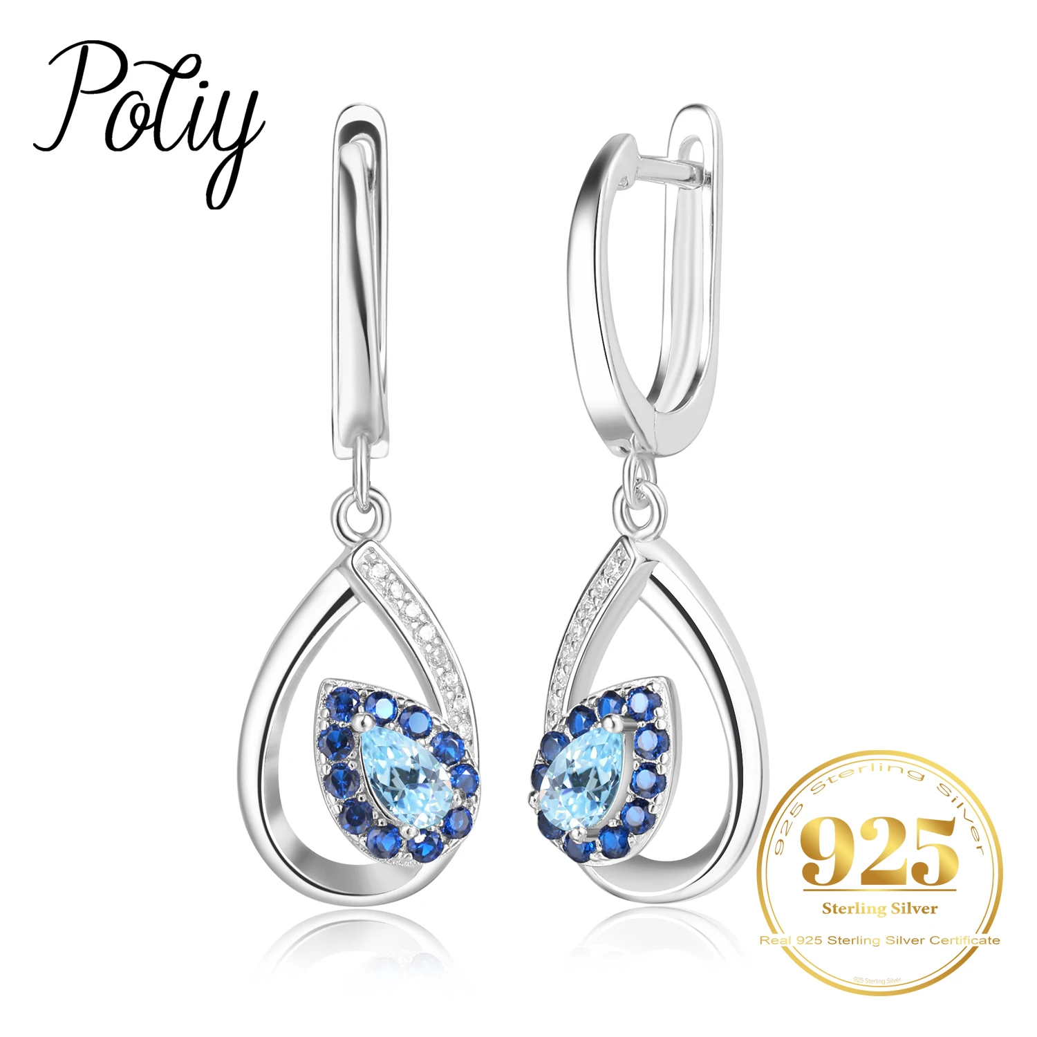 Potiy Pear Natural Sky Blue Topaz Dangle Drop Earrings 925 Sterling Silver for Women Gemstone Fine Daily Jewelry Gift