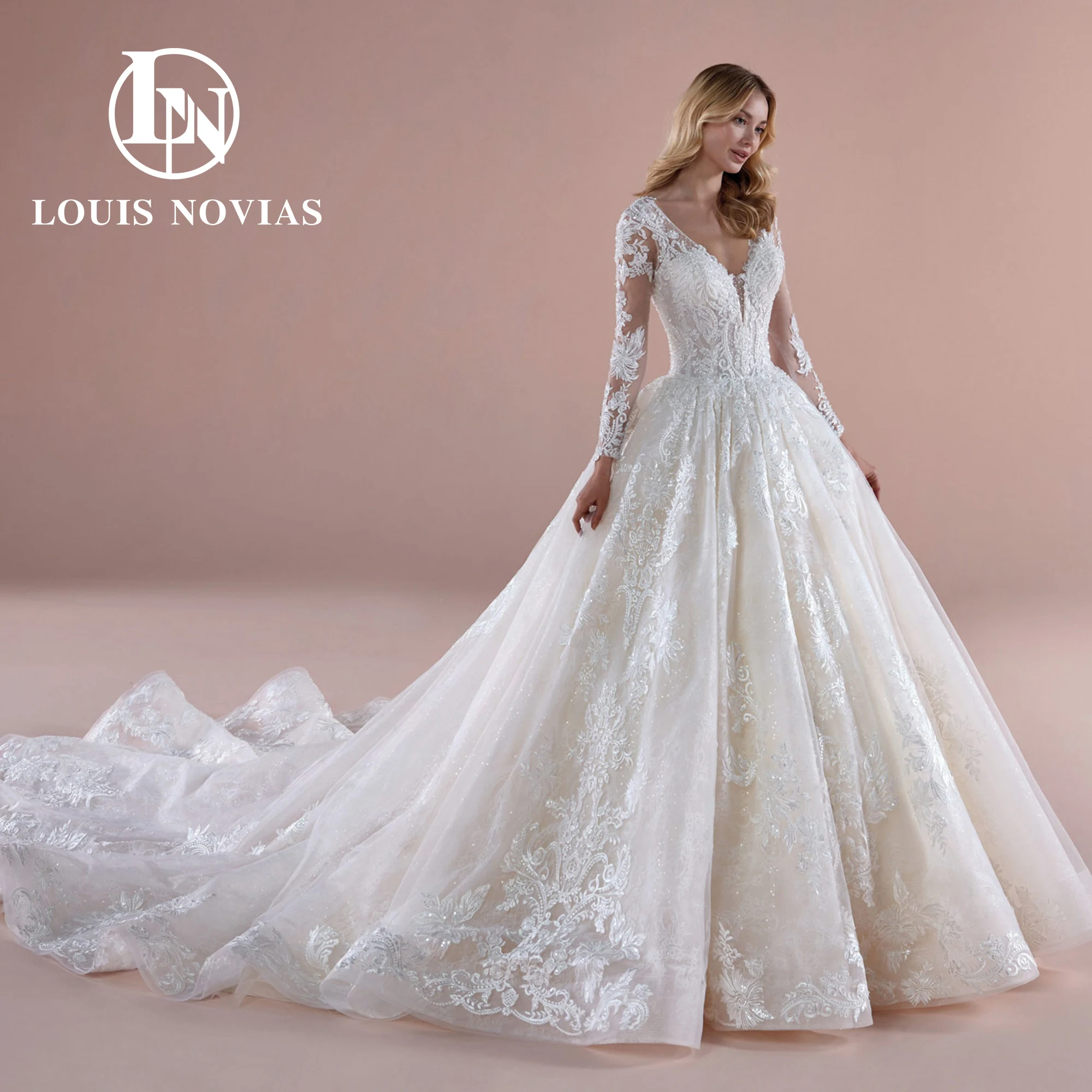 LOUIS NOVIAS Long Sleeve Wedding Dress 2024 Luxury Ball Gown Wedding Gown Elegant V-Neck Princess Bride Dress Vestidos De Novia