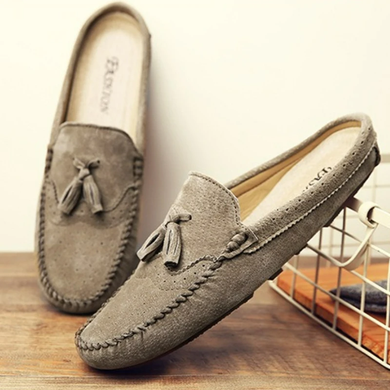 

Men's Shoes Suede Leather Half Slippers Fashion Outdoor Lightweight Loafers Soft Sole Casual Slippers High Quality Slip on Flats