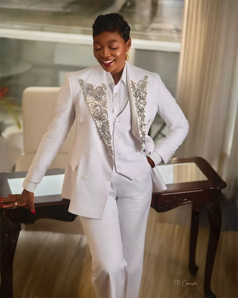 

White Luxury Stone Crystals Women Suit Set 2 Pcs Blazer+Pant Trouser Formal Office Jacket Customized Wedding Tuxedos Cotton Coat
