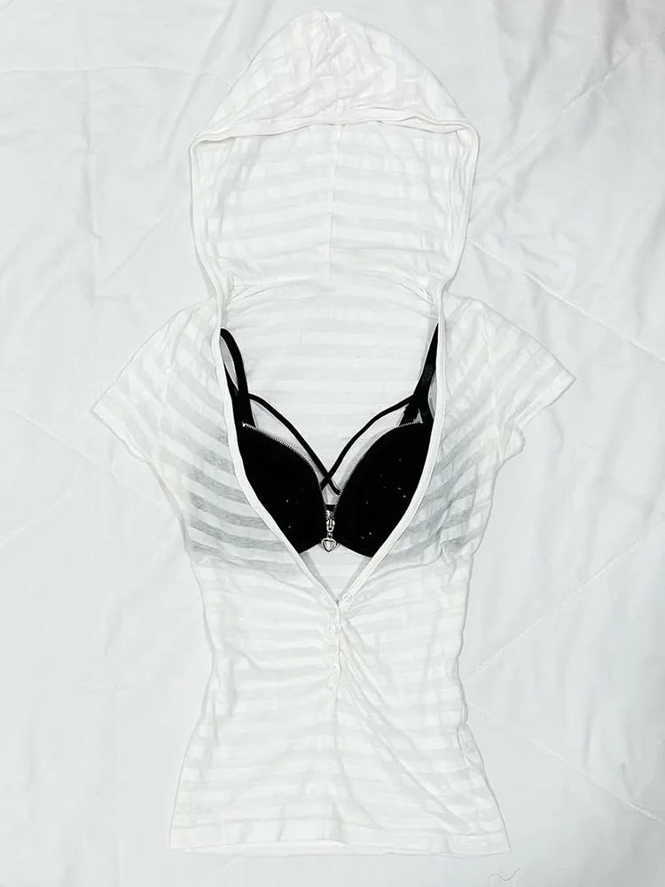 Floral End American Retro Y2K Spicy Girl White Stripes Hoodie T-irt Slim Fit Cotton ort Sve Summer Faion for Women