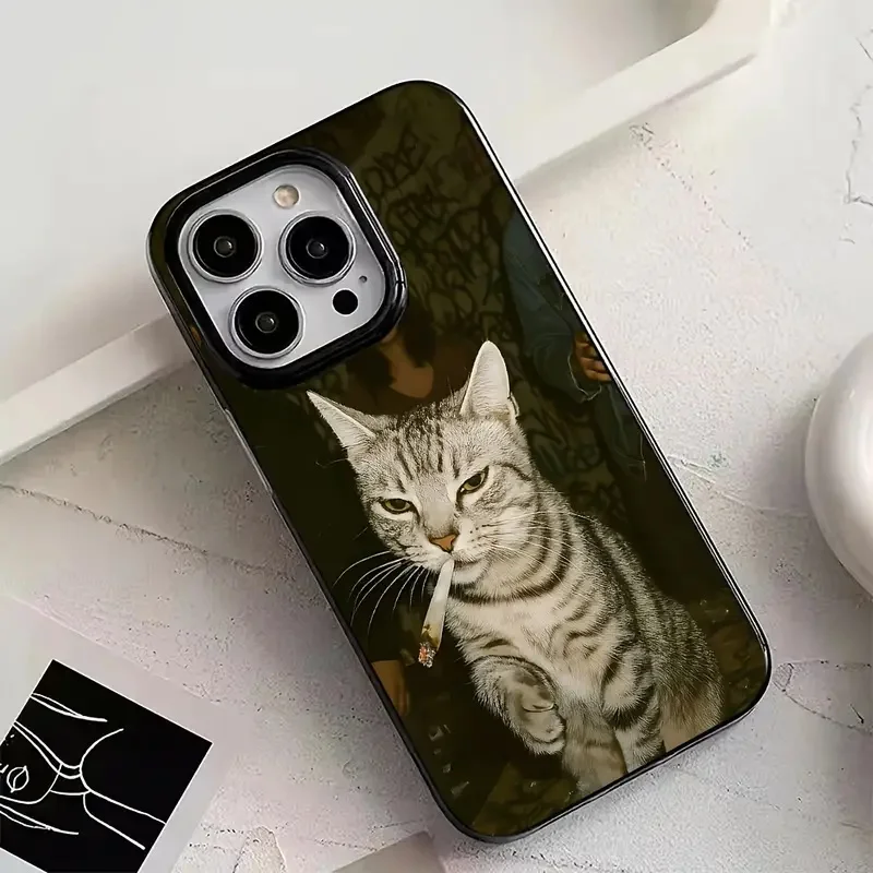 أنيق القط التدخين نمط أسود جراب هاتف آيفون 17 الهواء 16 15 14 13 12 11 17 برو ماكس X XS XR 7 8 زائد SE2 لينة الغطاء الخلفي