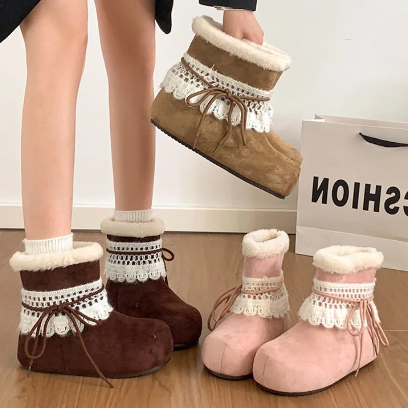 Winter Vintage Women Fur Lining Snow Boots Concise Internal Elevation Shoes Ladies Outdoor Comfort Warm Cotton Short Booties