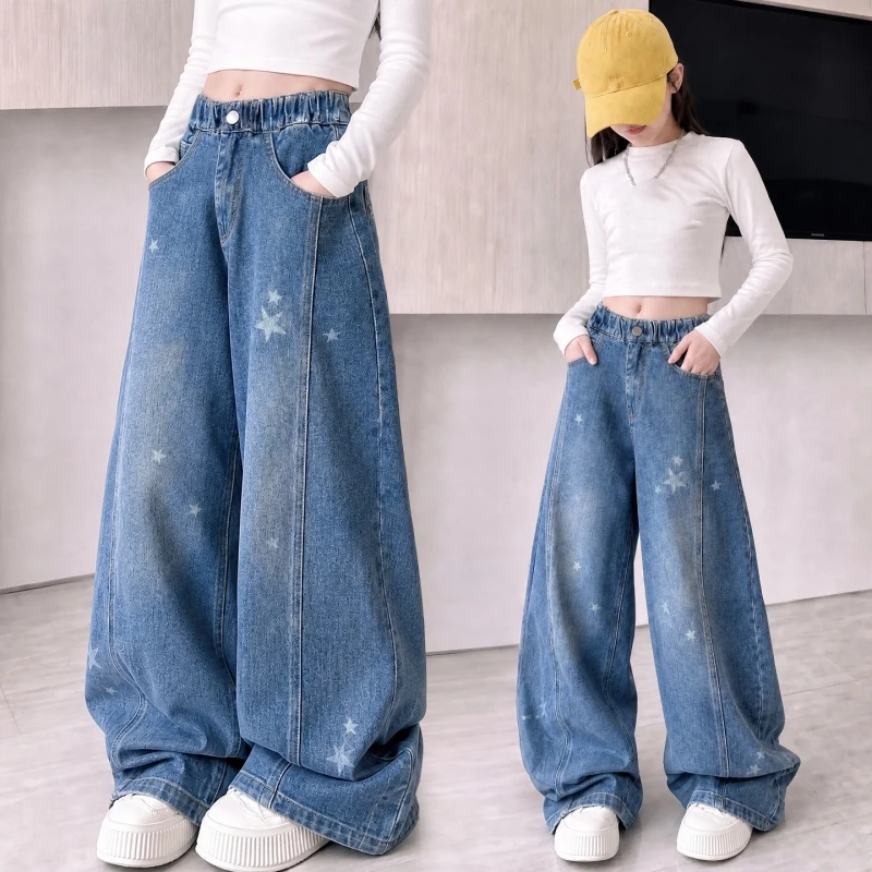 Girls Baggy Wide Leg Jeans Star Print Spliced Panel 6-16Y Spring Autumn Soft Denim Teen Girls Streetwear Trousers
