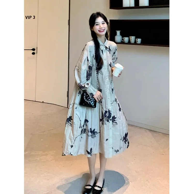 Ele Chinese Water Ink Print Long Sve irt Dr Damen Frühling Herbst A-Linie Midi Dr Baumwollmaterial Blumenmuster